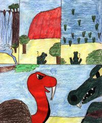 Illustration: Croc looks for Roo, meets Snake